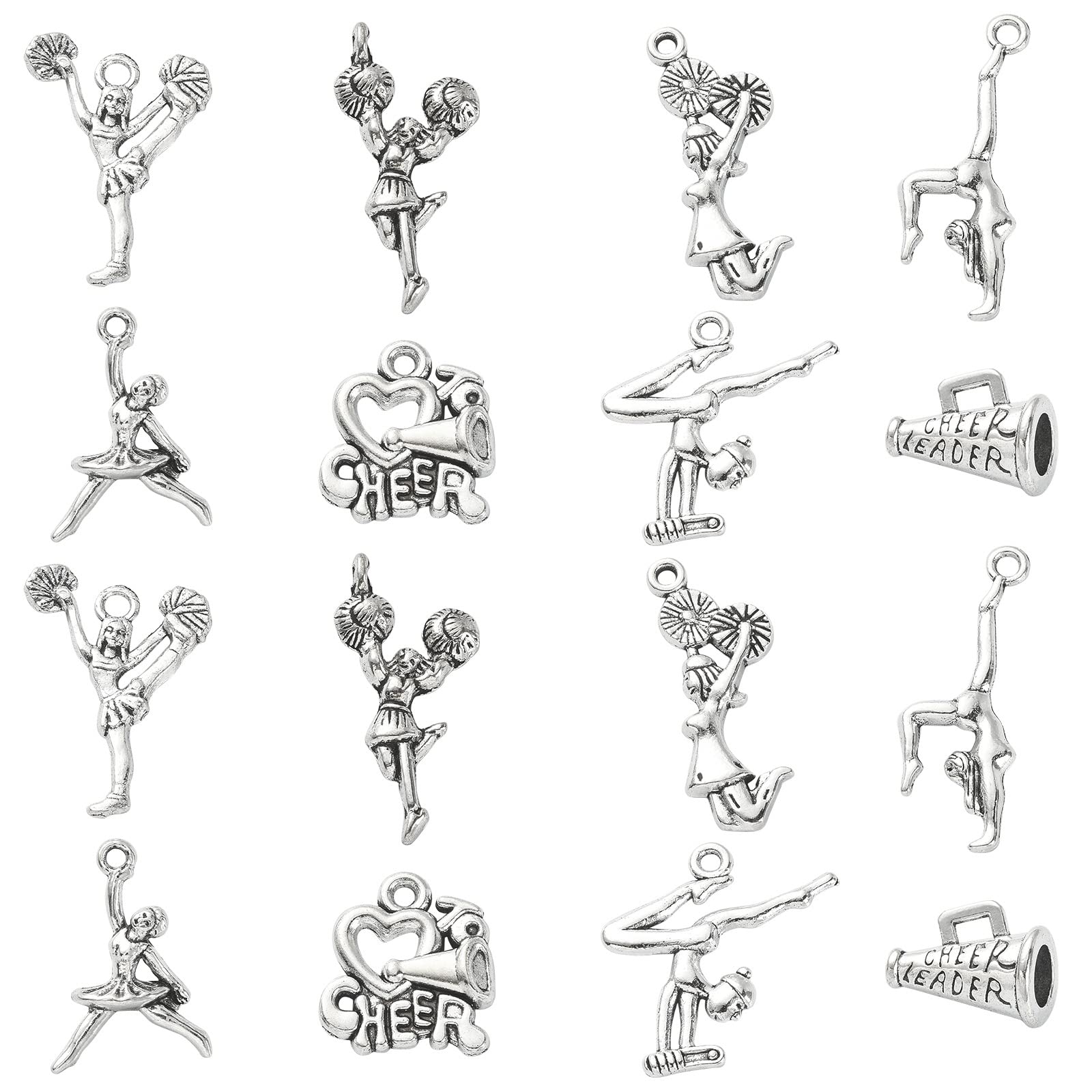 Stiesy 80Pcs 8 Styles Antique Silver Cheerleader Charms - Tibetan Style Gymnast, Vintage Cheering Squad Dancer for DIY Crafts Jewelry Making