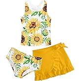 Cutemile Girls Swimsuit 3 Piece Bathing Suit Quick Dry Tankini Set with Cover Up Beach Skirt Bikini Swimwear 6-12 Years