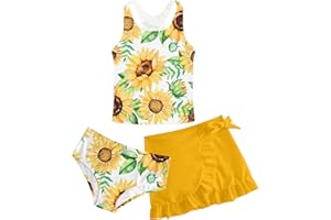 Cutemile Girls Swimsuit 3 Piece Bathing Suit Quick Dry Tankini Set with Cover Up Beach Skirt Bikini Swimwear 6-12 Years