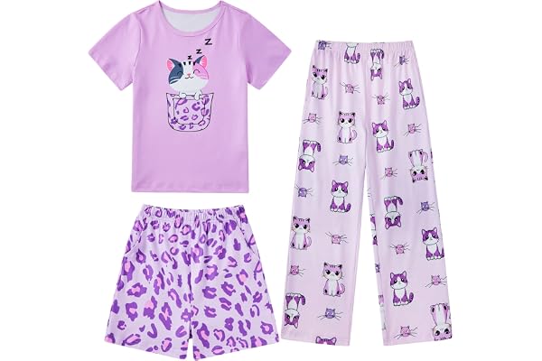 Kinberr Girls Pajamas 3D Print 3 Pieces Pajama Set Snug Fit Nightwear Sleepwear 5-14Y