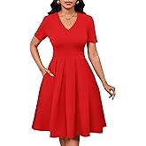 MarryUP Women Summer Short Sleeve Dress V Neck Semi Casual Fit and Flare Church Wedding Guest Work Dresses with Pockets