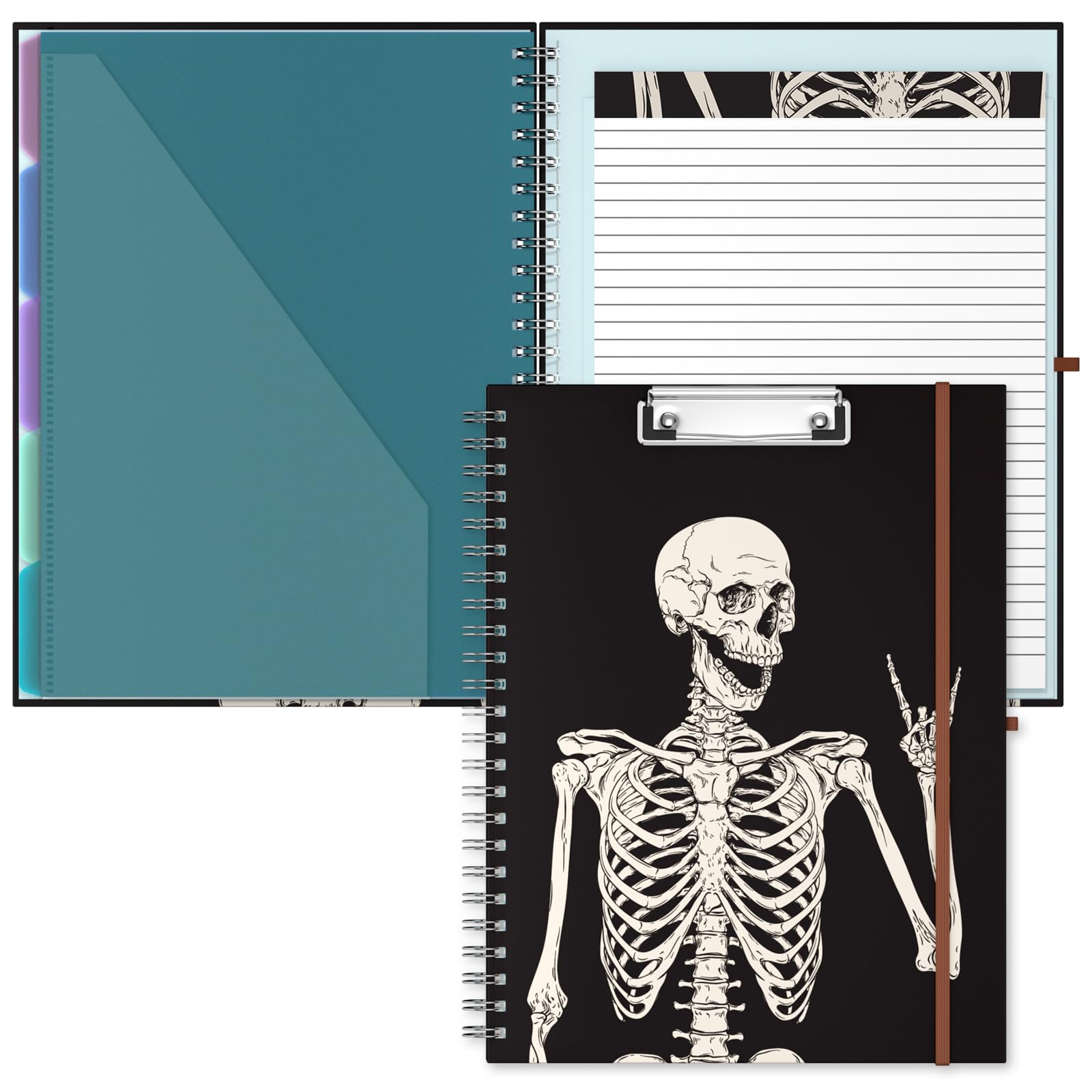 Hnogri Clipboard Folio with Refillable Lined Notepad, Clipboards with 5 A4 Folders Storage 10 Pockets, Spiral Clip Board Portfolio, Size 12.8" x 9.7", Office Supplies, School Supplies, Skeleton
