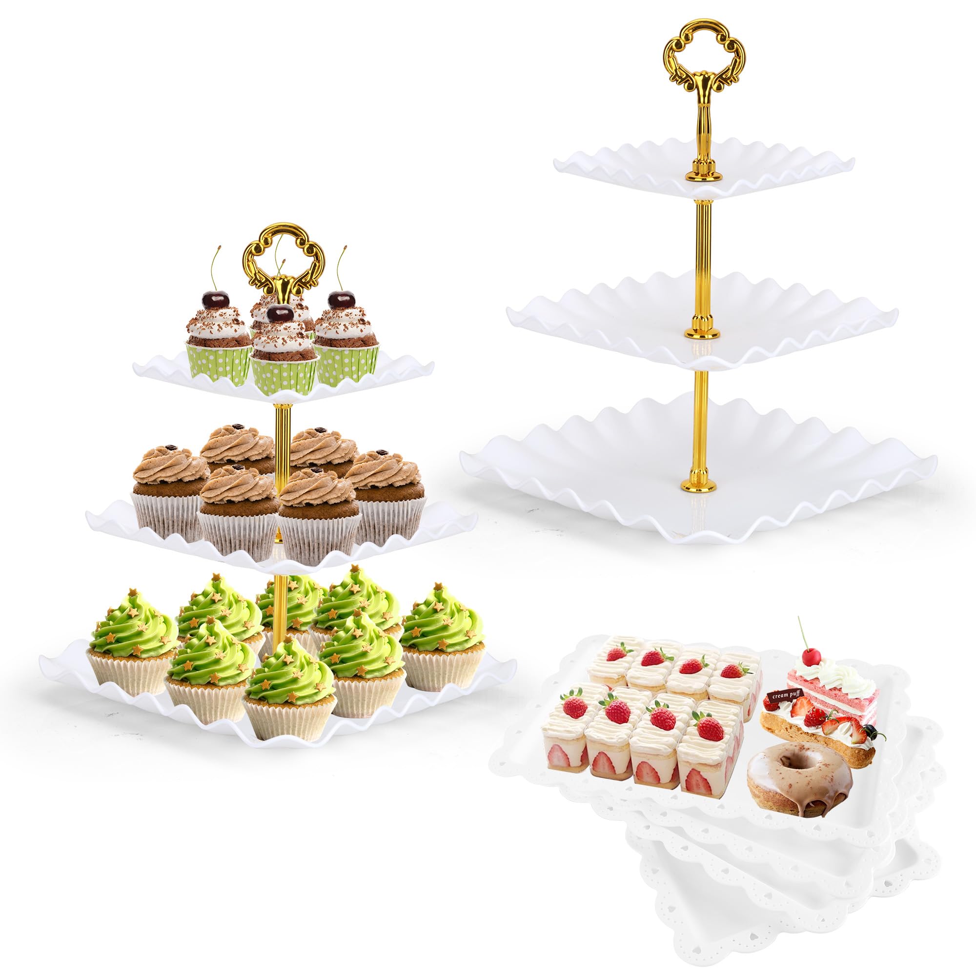 Photo 1 of FARQAN 6 Pcs Dessert Table Display Set - 2 X Cupcake Stand Holder/Cup Cake Tier Tower & 4 X Serving Tray Combo for Tea Party, Birthday, Baby Shower (Square White; Gold rods)