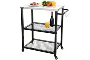 NUUK Grill Cart 16" x 24" Dining Prep Table 3-Shelf Kitchen Worktable Rolling Outdoor Pizza Oven Carts with Stainless Steel Top for Outside BBQ Tables