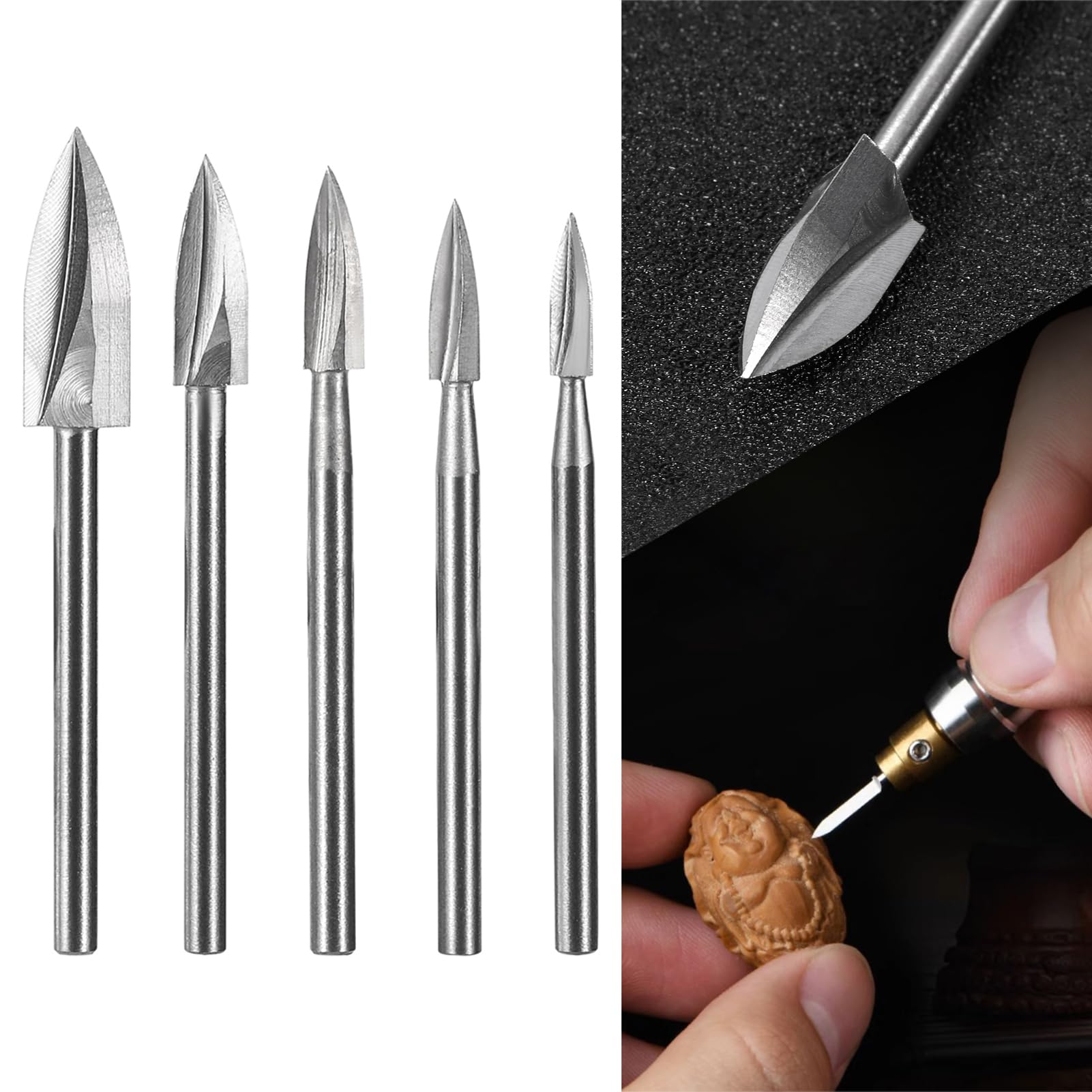 HPMAISON HSS Wood Carving Bits Compatible with Dremel Rotary Tools, 5Pcs Woodworking Drill Bits with 1/8" (3mm) Shank for DIY Grinding Engraving Carving Drilling, Micro Sculpture