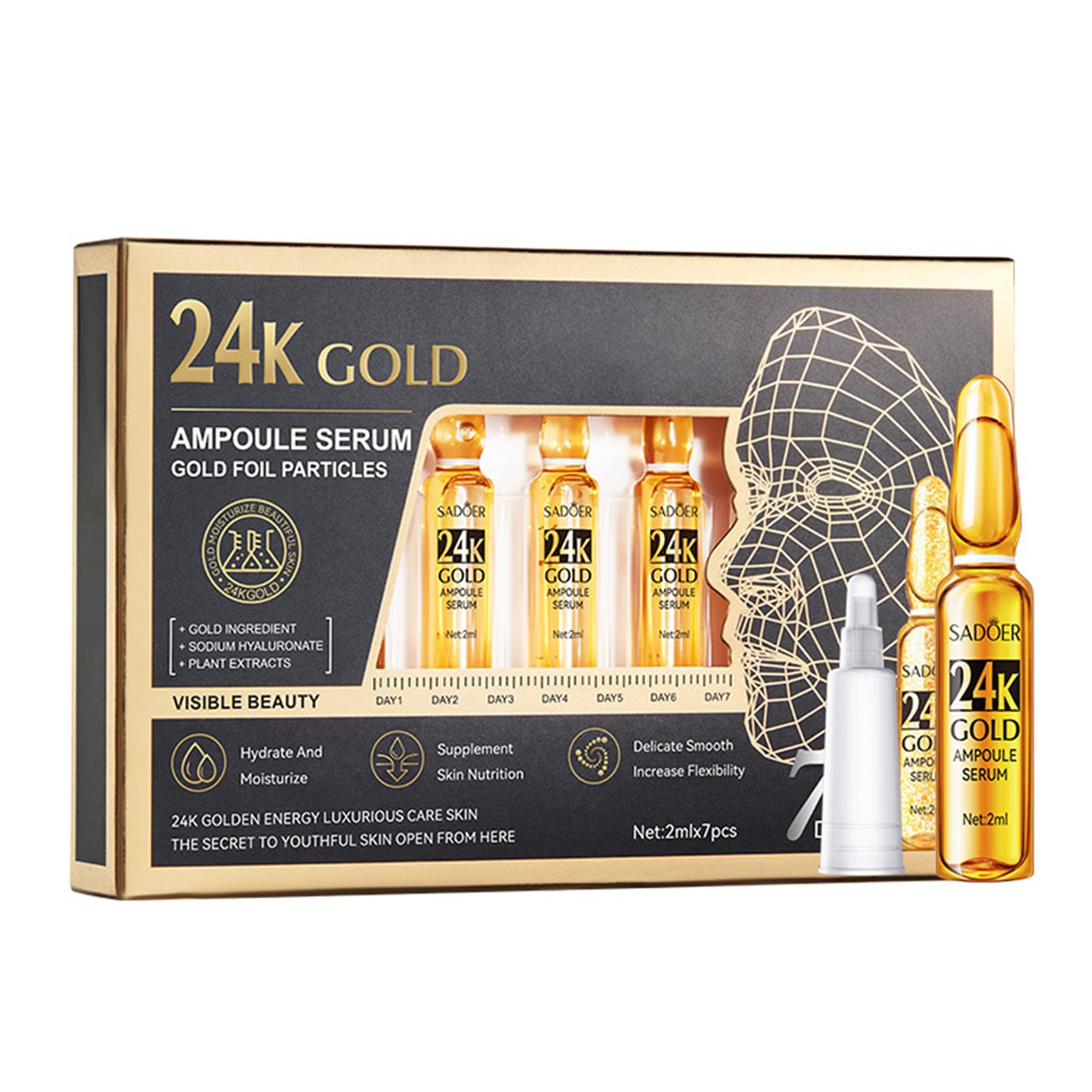 24K Serum, Niacinamide Serum Concentrated Ampoules for Face Serum, Collagen Booster for a Natural Face Lift, Anti-Aging Serum, Strengthen the Skin Barrier, Deep Hydrating, 7x2ml Ampoule Serum