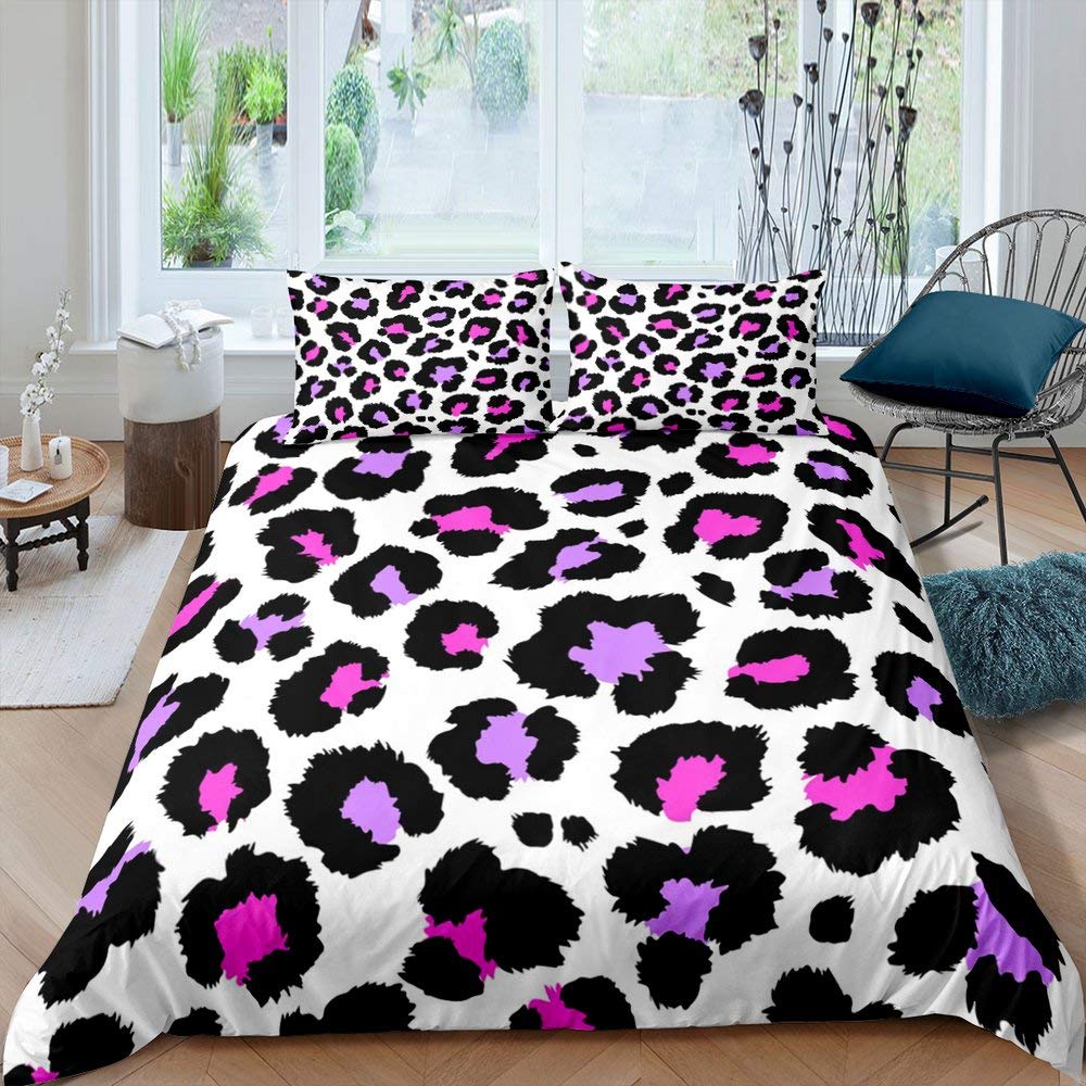 Homewish Leopard Duvet Cover, Abstract Animal Cheetah Pattern Comforter Cover for Boys Girls Woman Man, Color Leopard Print Bedding Set, Purple Black White Quilt Cover and 2 Pillow Cases, King Size — image 1