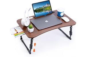 BYMECOST Laptop Desk for Bed, Height Adjustable Laptop Bed Table, Foldable Portable Lap Desk Stand with USB/Storage Drawer/Cup Holder/Slot, Breakfast Tray for Working Reading Writing Eating (Dark Walnut)