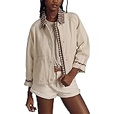 Aimiray Cropped Bomber Jacket Women Zip up Plaid Barn Jacket Casual Gingham Fall Coats with Pockets