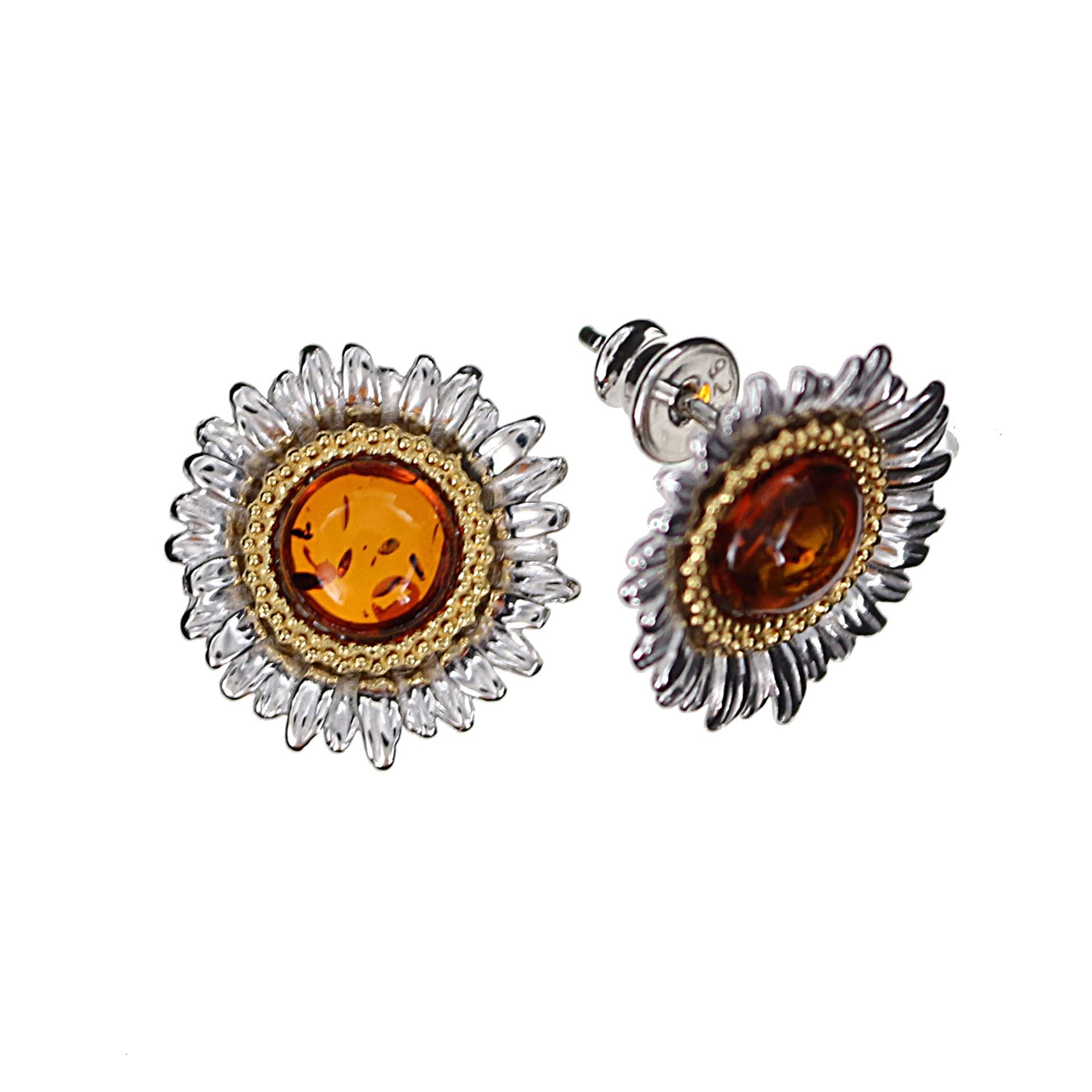 Amber Earrings, Elegant Stud Earrings "Sunflower" with Amber, Setting 925/000 Sterling Silver Partly Rhodium-Plated, Partly Gold-Plated Artisana-Schmuck