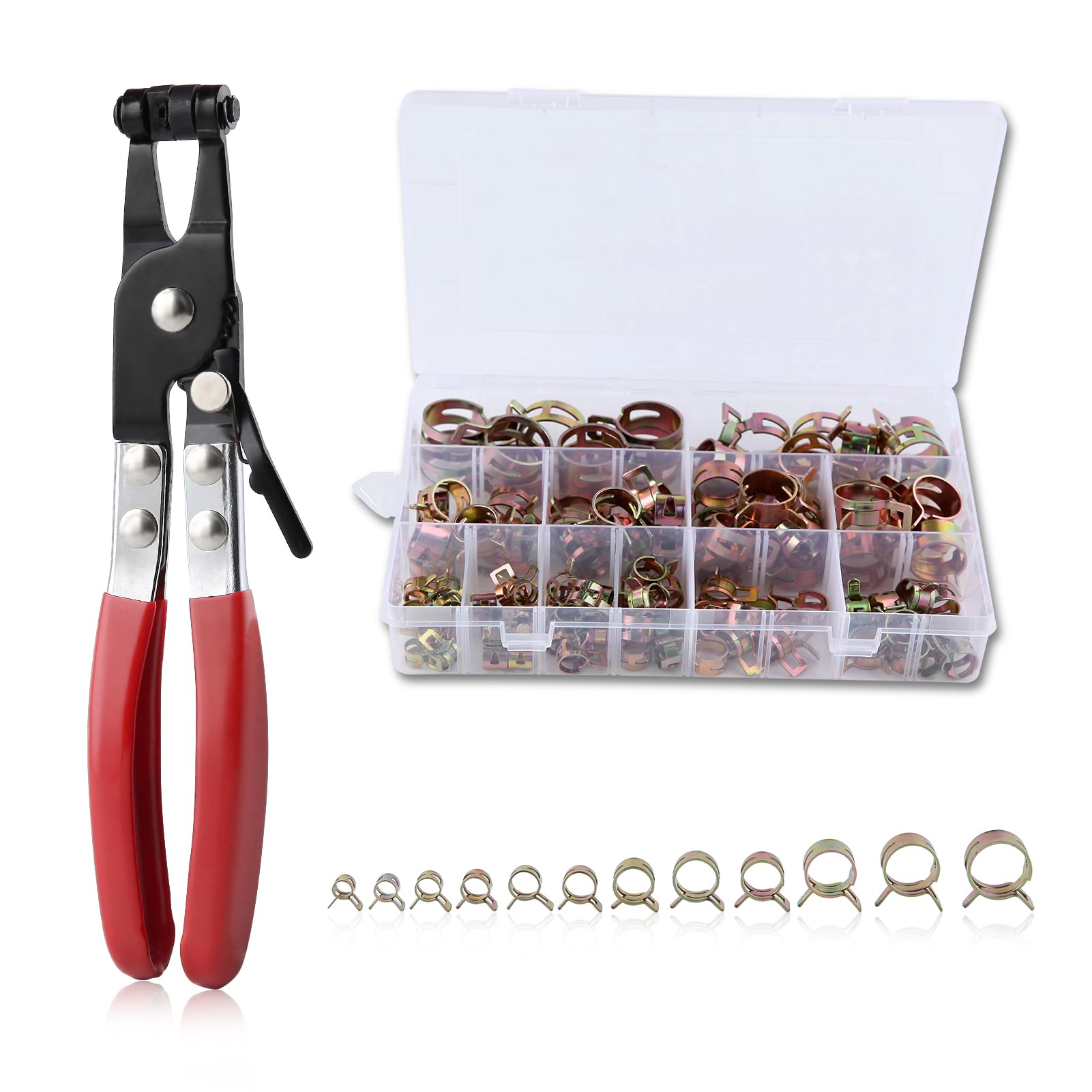 LEONTOOL 120pcs 7-22mm Spring Band Hose Clamp with Swivel Flat Band Fuel Hose Clamp Pliers Assortment Kit, 12 Sizes Silicone Vacuum Hose Action Pipe Clamp, Low Pressure Air Clip Clamp Fasteners