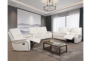 Plithzy Recliner Sofa Set Bonded Leather, Living Room Furniture Set,Leather Sofa Set Reclining Sofa Manual Recliner Couch (Sofa+Loveseat+Chair,Cream White)