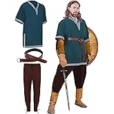 Toulite 3 Pcs Men's Halloween Medieval Costume Set Renaissance Tunic Viking Pirate Warrior Shirts Gothic Pants Knight Belt