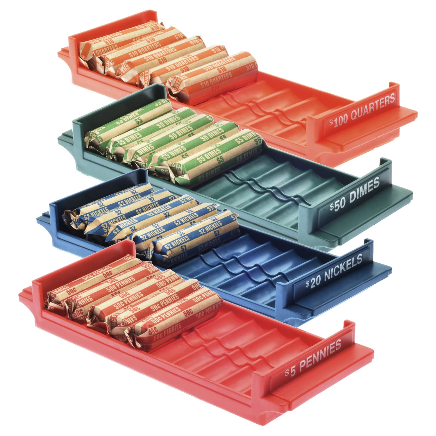 Nadex Rolled Coin Storage Organizer Tray Set with Ridges for Loose Coins | Quarters, Dimes, Nickles, and Penny Color Coded Trays