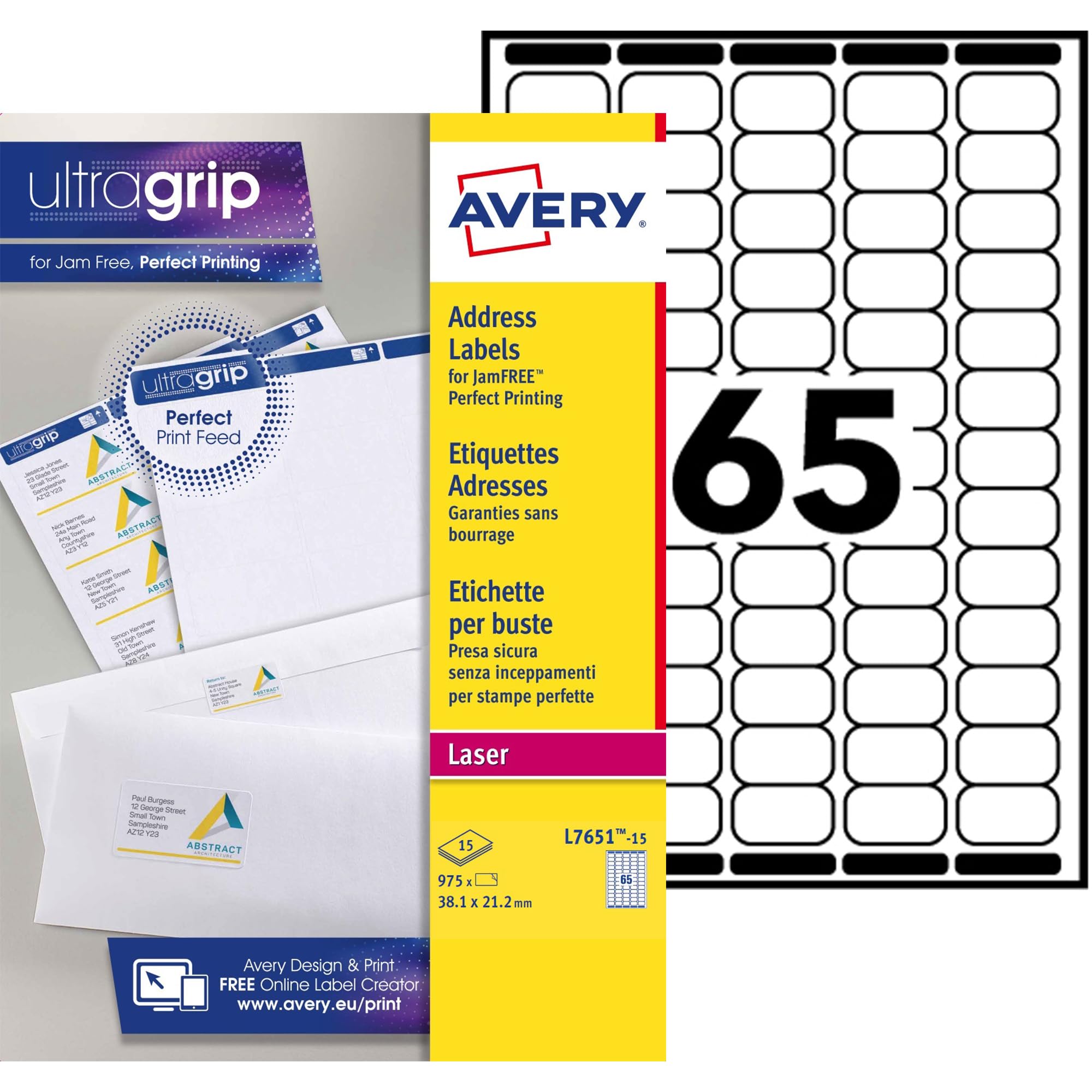 AVERY - 975 Custom White Self-Adhesive Address Labels - No Jam - Format 38.1 x 21.2 mm - Laser Printing