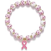 Breast Cancer Bracelets Beads Ribbon Charm Bracelet for Women Flower Vintage Breast Awareness Accessories Stretch Handmade Bracelet