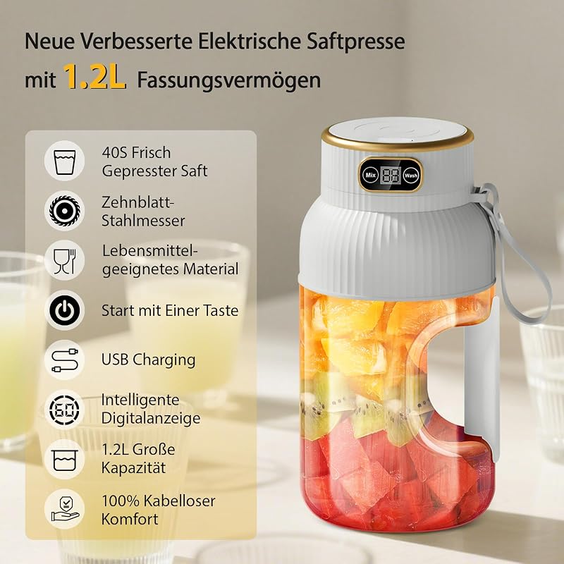 【Upgraded 】Fine Life Pro Rechargeable Electric Juicer, New 1.2L Large Volume Lemon Juicer Electric for Vegetables and Fruit, Two Modes, Easy to Clean,3D-10 Blade,USB Included (MILK) — Foto 2 von 8