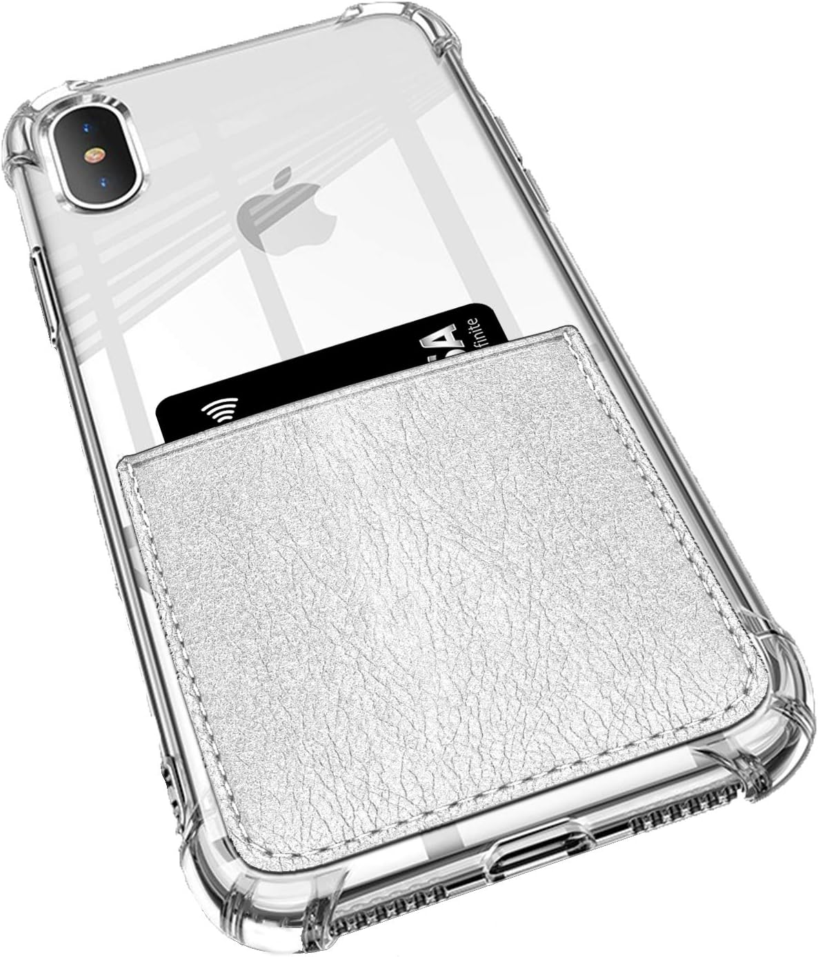 ANHONG iPhone X/Xs Clear Case with Leather Card Holder, [Slim Fit] Protective Soft TPU Shockproof Case with Vegan Leather Card Holder for iPhone X/Xs 5.5 Inch (2018) (Silver)