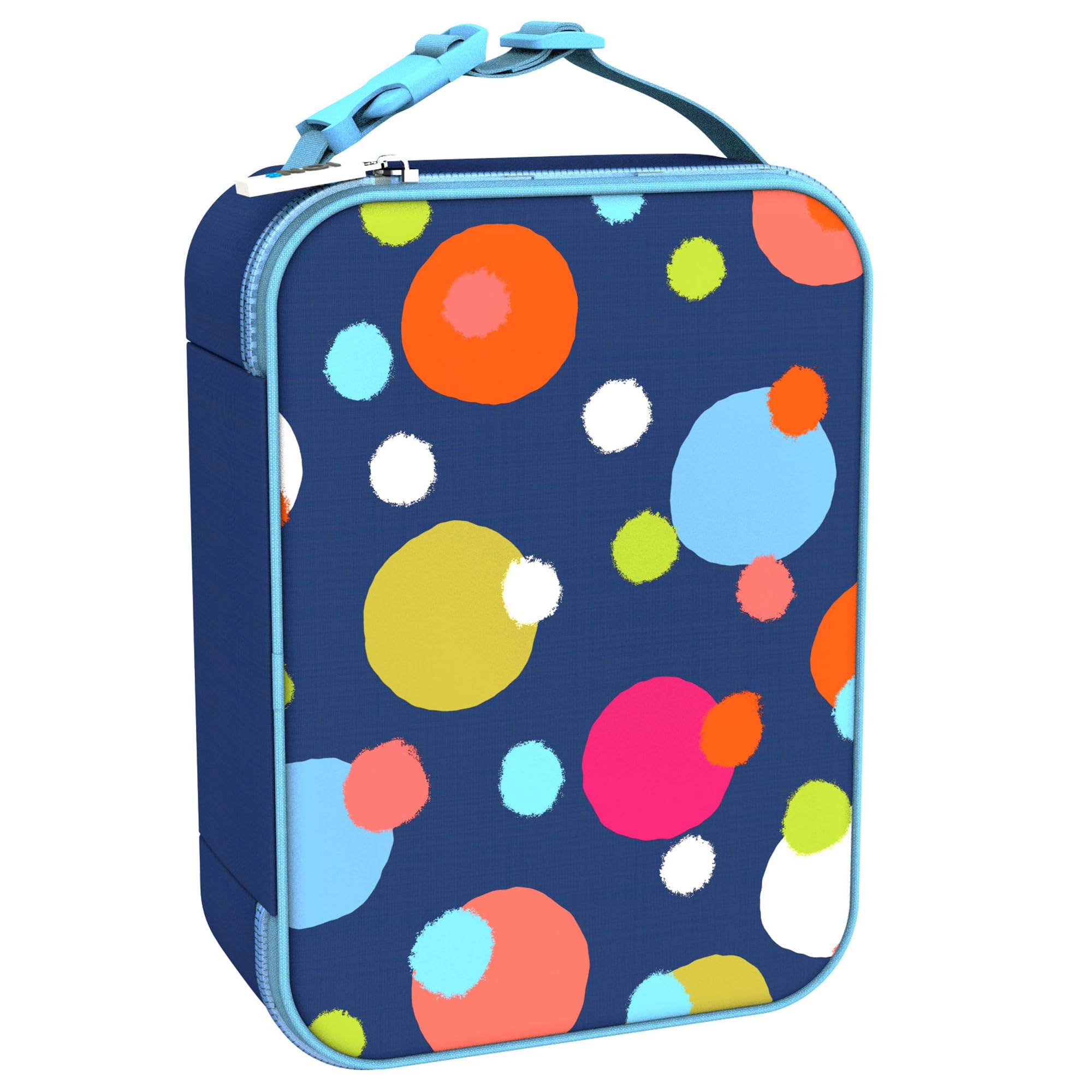 Ion8 Spots Design Lunch Bag, Easy Access 3-Sided Zip, Write-On Name Patch, Freshness & Insulation for 6 Hours, Elasticated Mesh Pocket for Bottles, Machine Washable, Polyester Material, Navy Blue