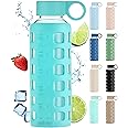purifyou 40/32/22/12 oz Borosilicate Glass Water Bottles with Volume Markers, Silicone Sleeve, Stainless Steel Lid, Reusable Bottle for Water, Juice, Gym, and Fridge Storage (12oz Aqua Blue)