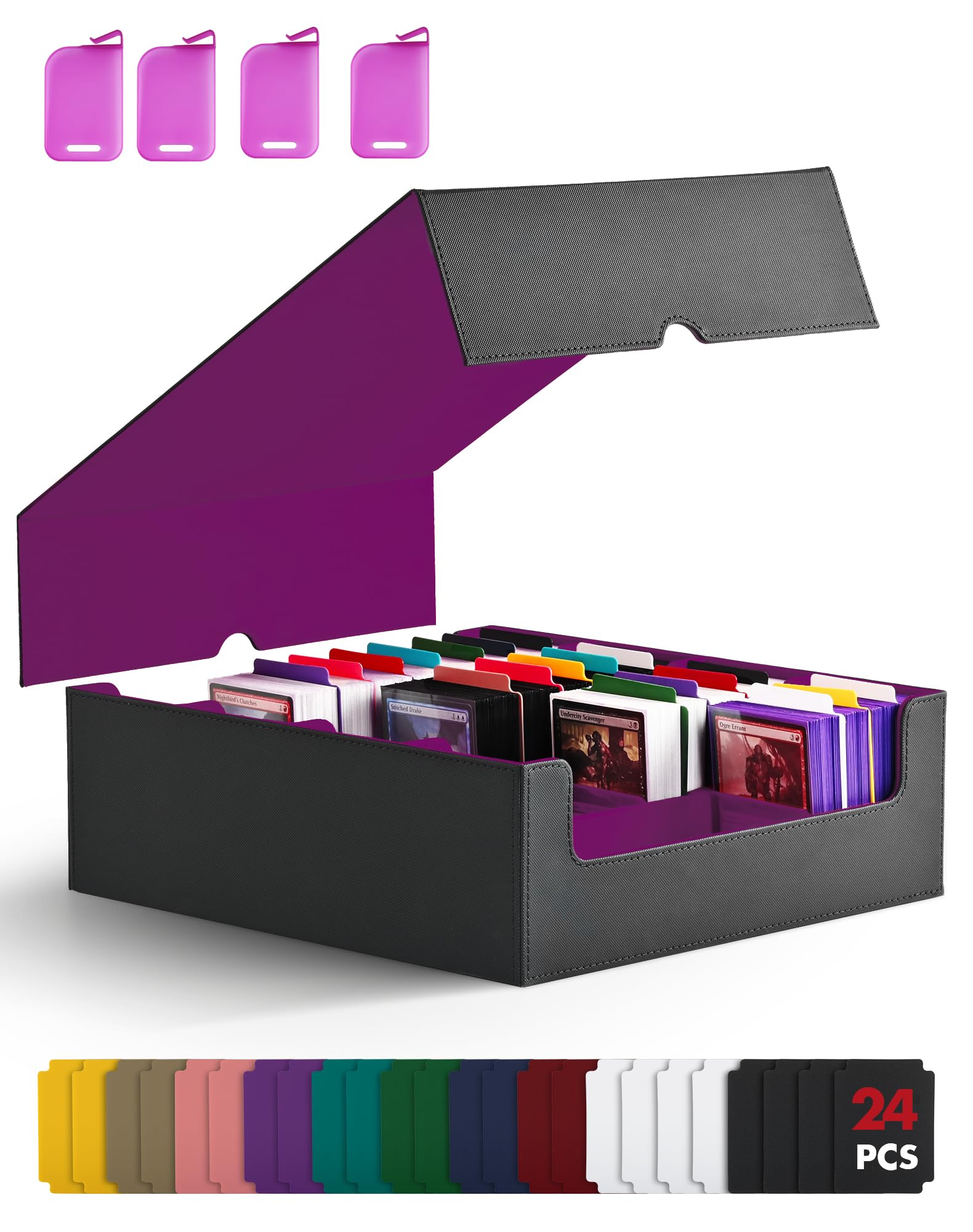 ZLCA Trading Card Storage Box, Commander Card Deck Case Holds 2400+ Cards, MTG Deck Box with 4 Stoppers, Magic Card Organizer for TCG PTCG Cards(Black& Purple)