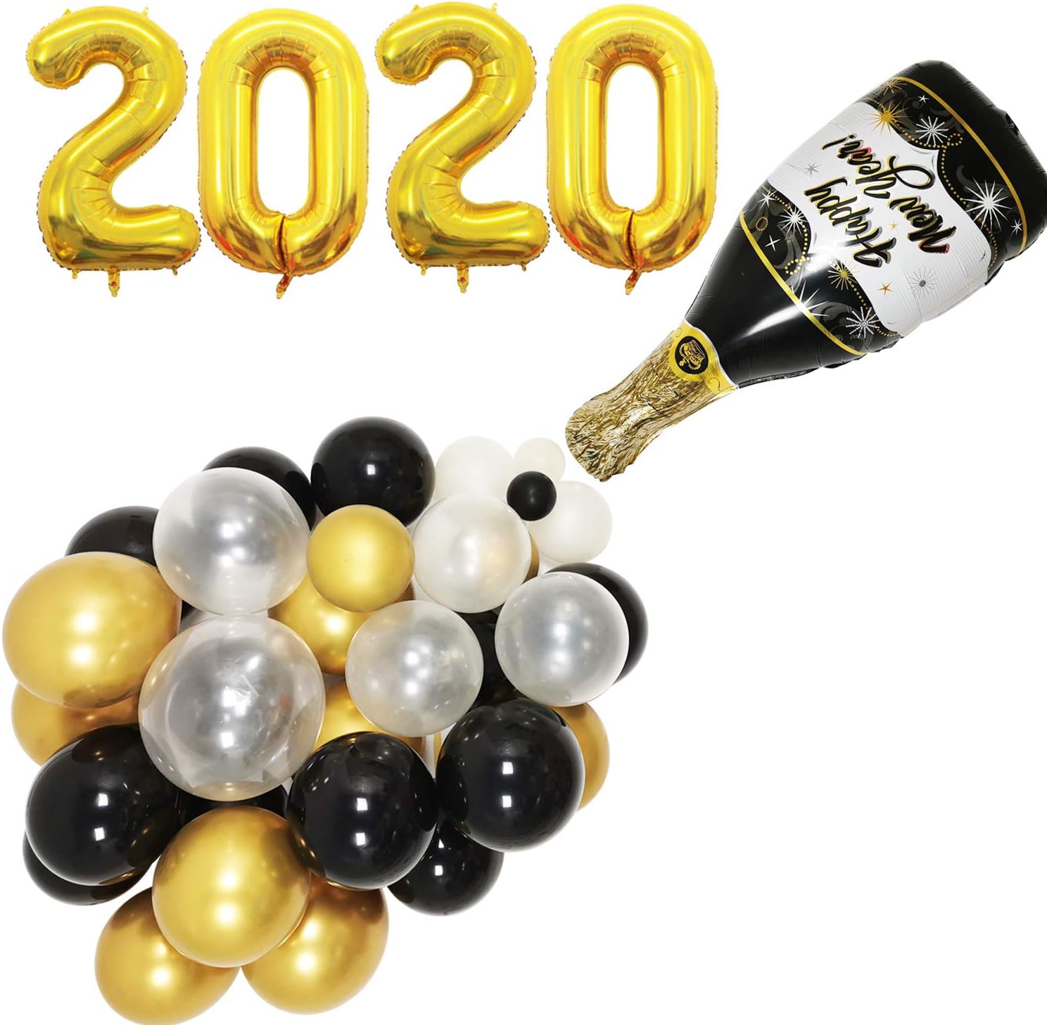Happy New Year 2020 Party Balloons Decorations, New Year Party Black and Gold Mylar Number Balloons Champagne Bottle Black Gold Transparent Balloon for New Year Party Celebration Decorations Supplies