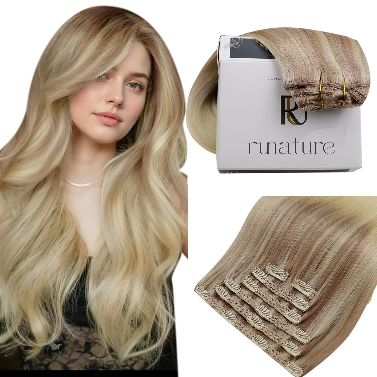 RUNATURE Blonde Clip-in Hair Extensions Human Hair Balayage Ash Blonde 18 Inch 7pcs 120g — image 1