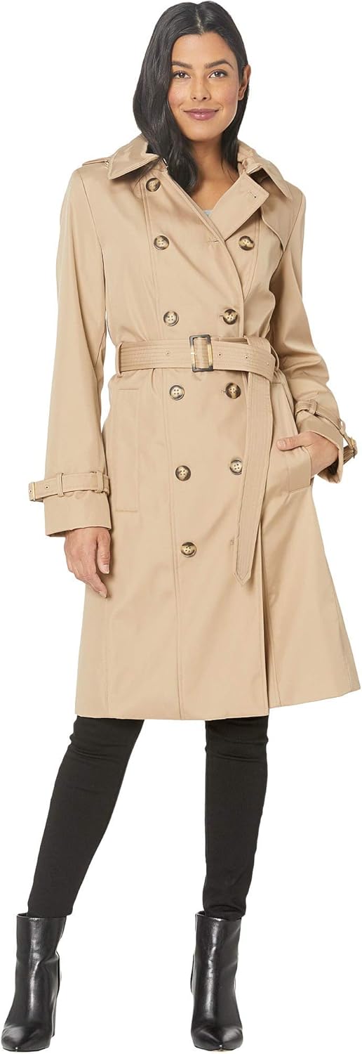 Calvin Klein Women's Bonded Poly Double Breasted Rain Trench Coat Khaki