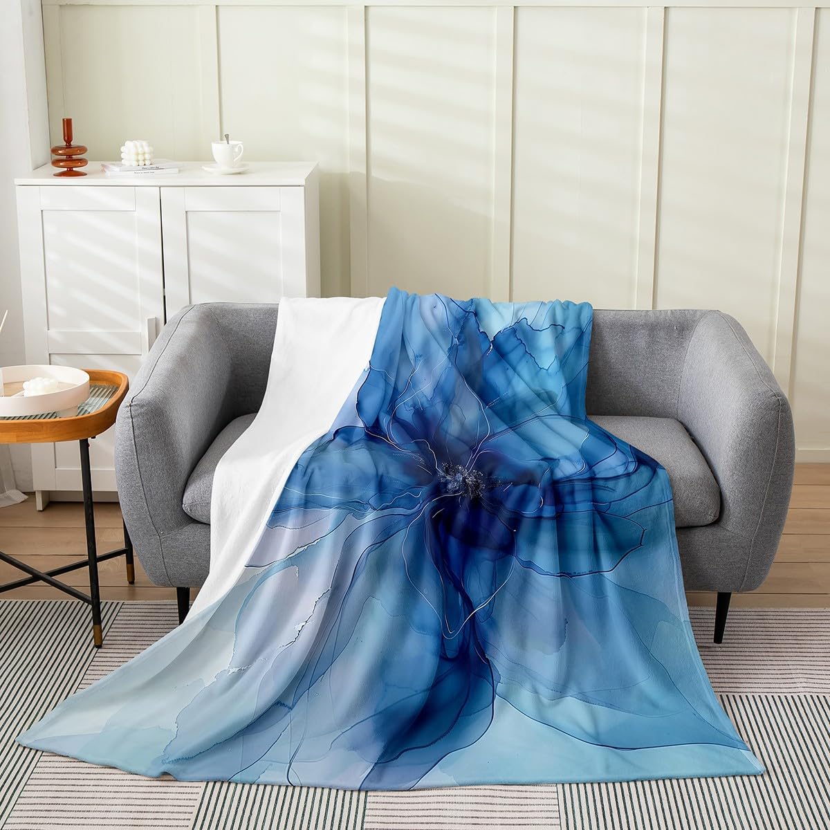 Condition photo showing New/Like New for jejeloiu blue marble flower flannel fleece blanket queen 90"x90" retro watercolor artwork design plu