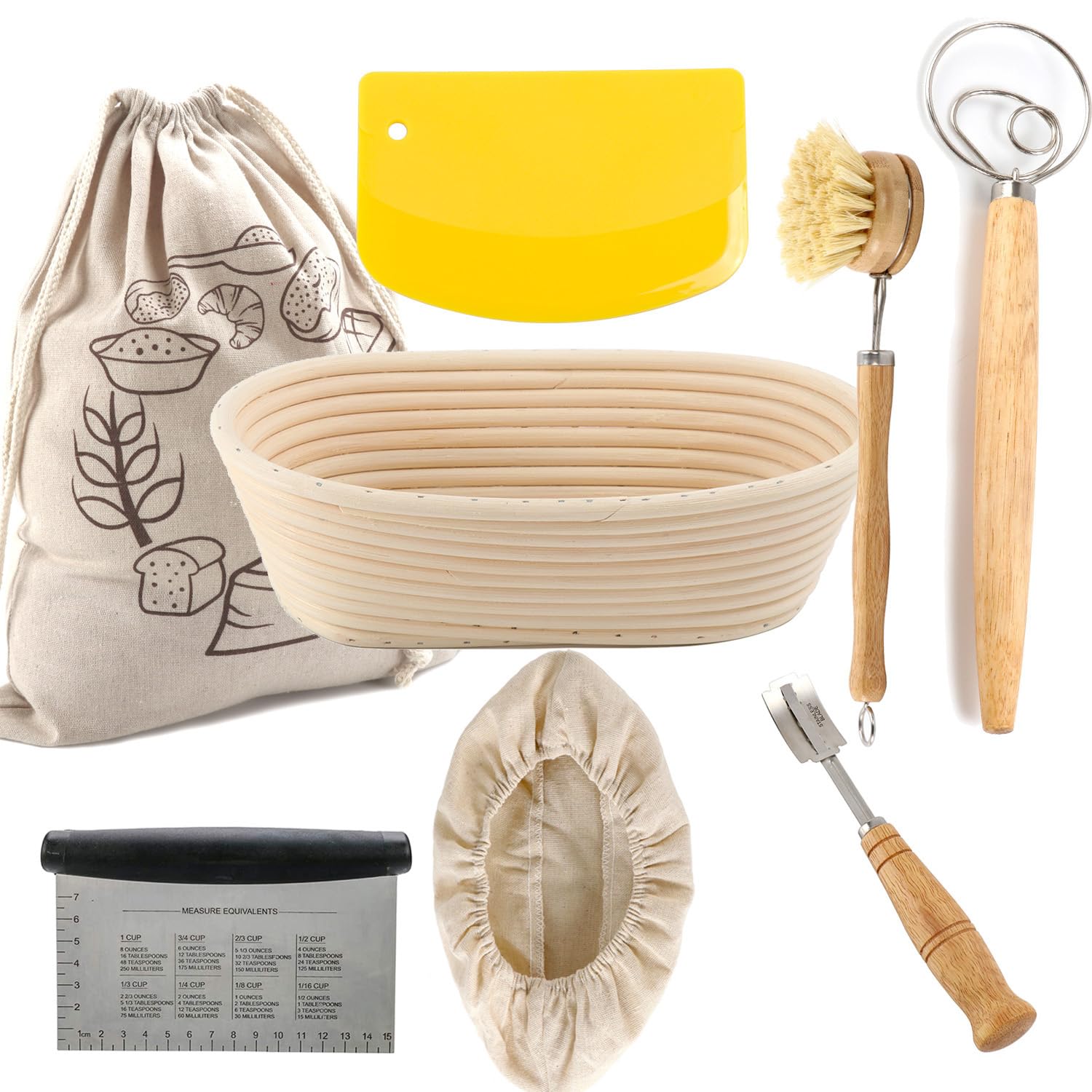 grandtobuy Rattan Bread Proofing Basket Set Sourdough Bannetons Proving Basket Bread Baking Mold Tools Fermentation Basket with Cloth Liner Dough Scraper Dough Whisk (Oval 10 inch)