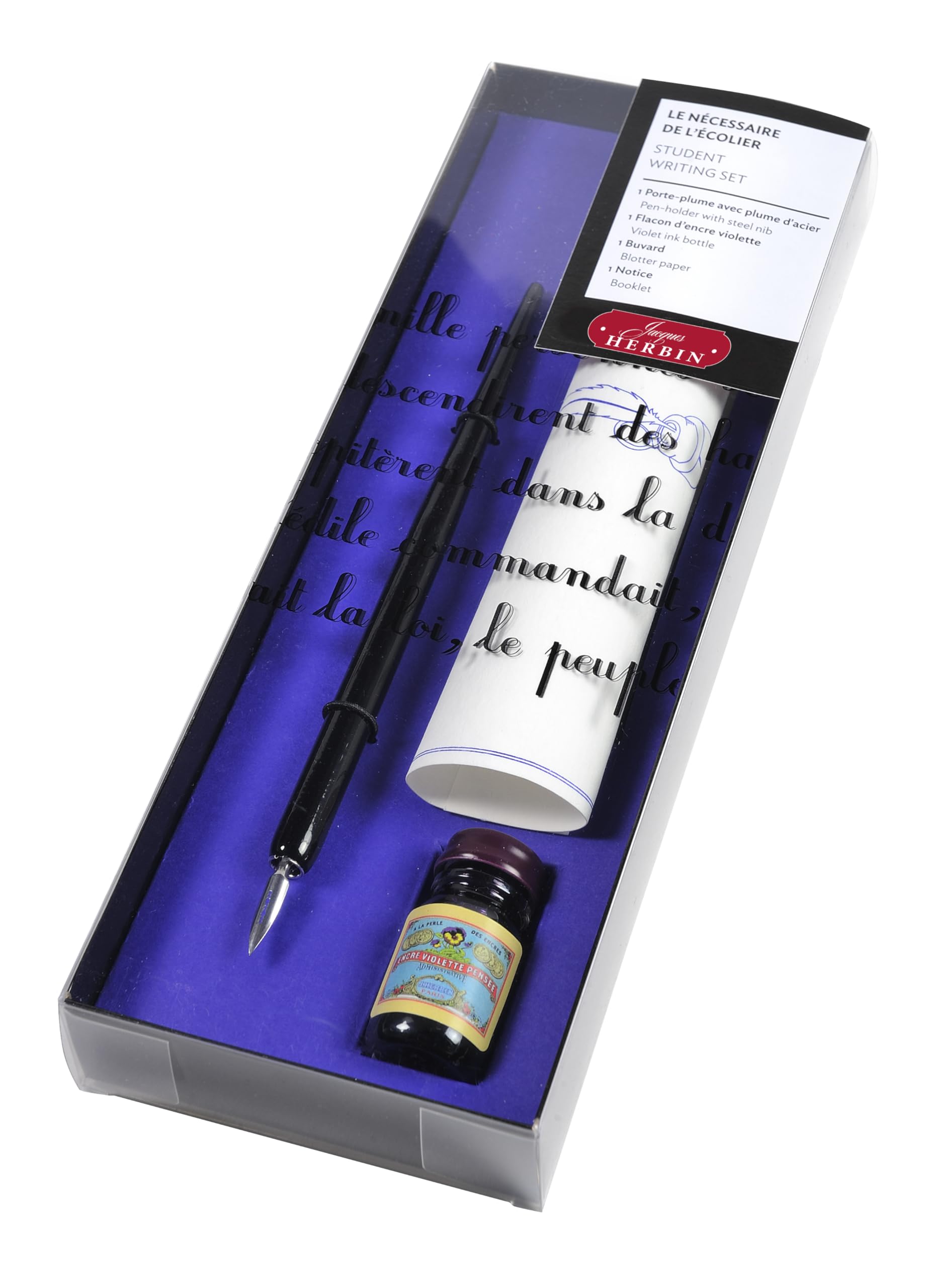Jacques Herbin 28477T - A set of ''Nécessaire de l'écolier'' - a penholder, a l'Ecolière nib, a blotter, a bottle of violet pansy ink - instruction leaflet — image 1