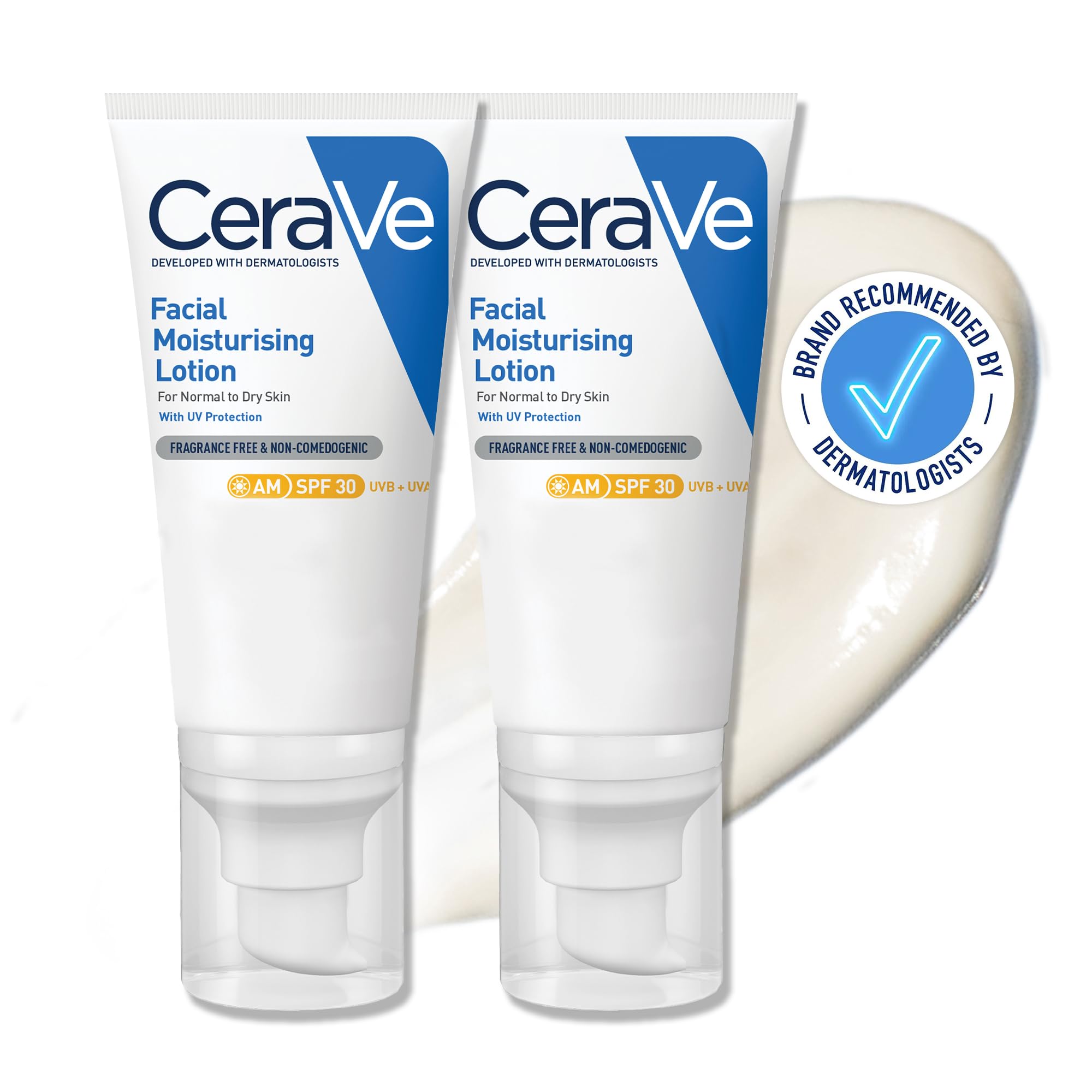 CeraVe AM Facial Moisturising Lotion SPF30 Duo With 3 Essential Ceramides, Vitamin E, Niacinamide, MVE Technology, UVA UVB Protection, For Normal to Dry Skin, Lightweight, Non-Greasy, 2 x 52ml
