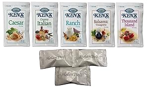 (25 Packets) Ken's Steak House Assorted Salad Dressing 5 Flavors 1.5 oz Packets. (Caesar, Ranch, Creamy Italian, Balsamic Vinaigrette, Thousand Island ). Includes HolanDeli Mints.