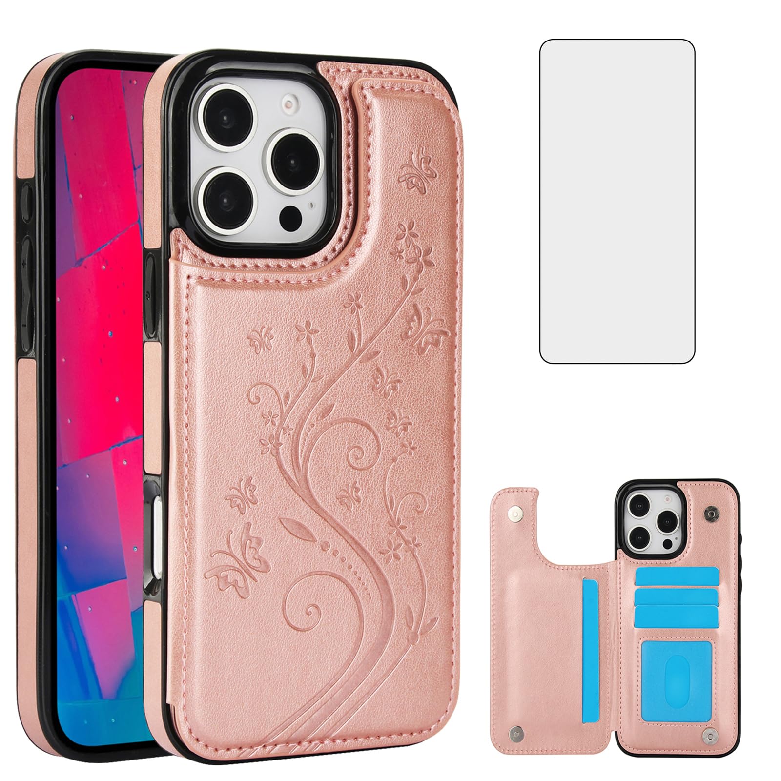 Asuwish Phone Case Compatible with iPhone 16 Pro 6.3 inch with Tempered Glass Screen Protector and Card Holder Wallet Cover Stand Flip Leather Cell Accessories i Phone16 i16 16Pro 2024 Women Rose Gold