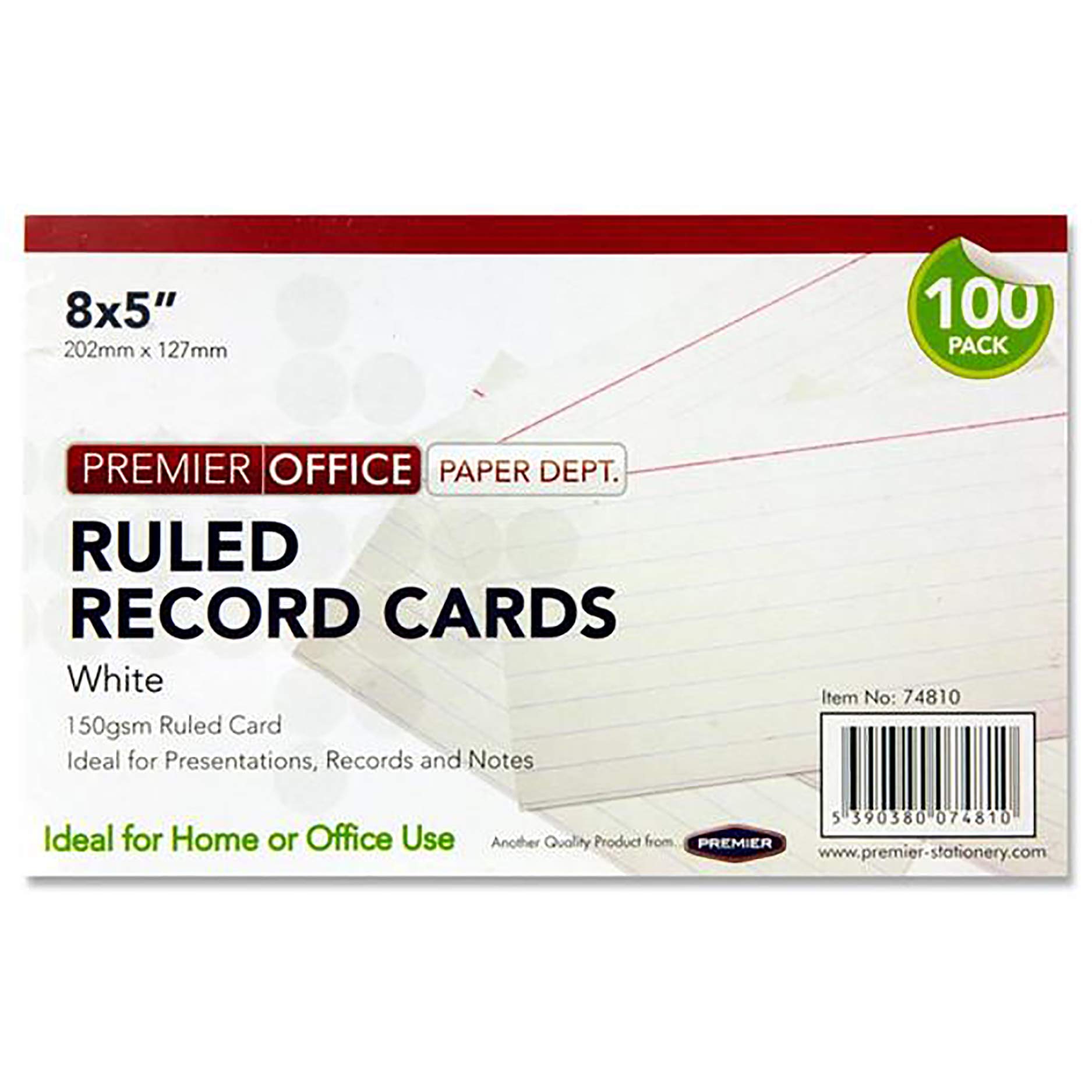 Premier Office A2874810 8 x 5 mm Record Card - White (Pack of 100)
