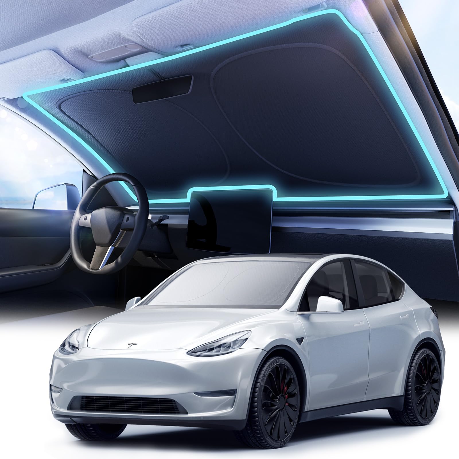 Photo 1 of [2025 Upgraded] Nmoiss Model Y Accessories Car Windshield Sun Shade [Dot Matrix Reflective Coating] Extended Edge No Light Leakage Design Cooling Protect Car Interior from UV Damage ModelY