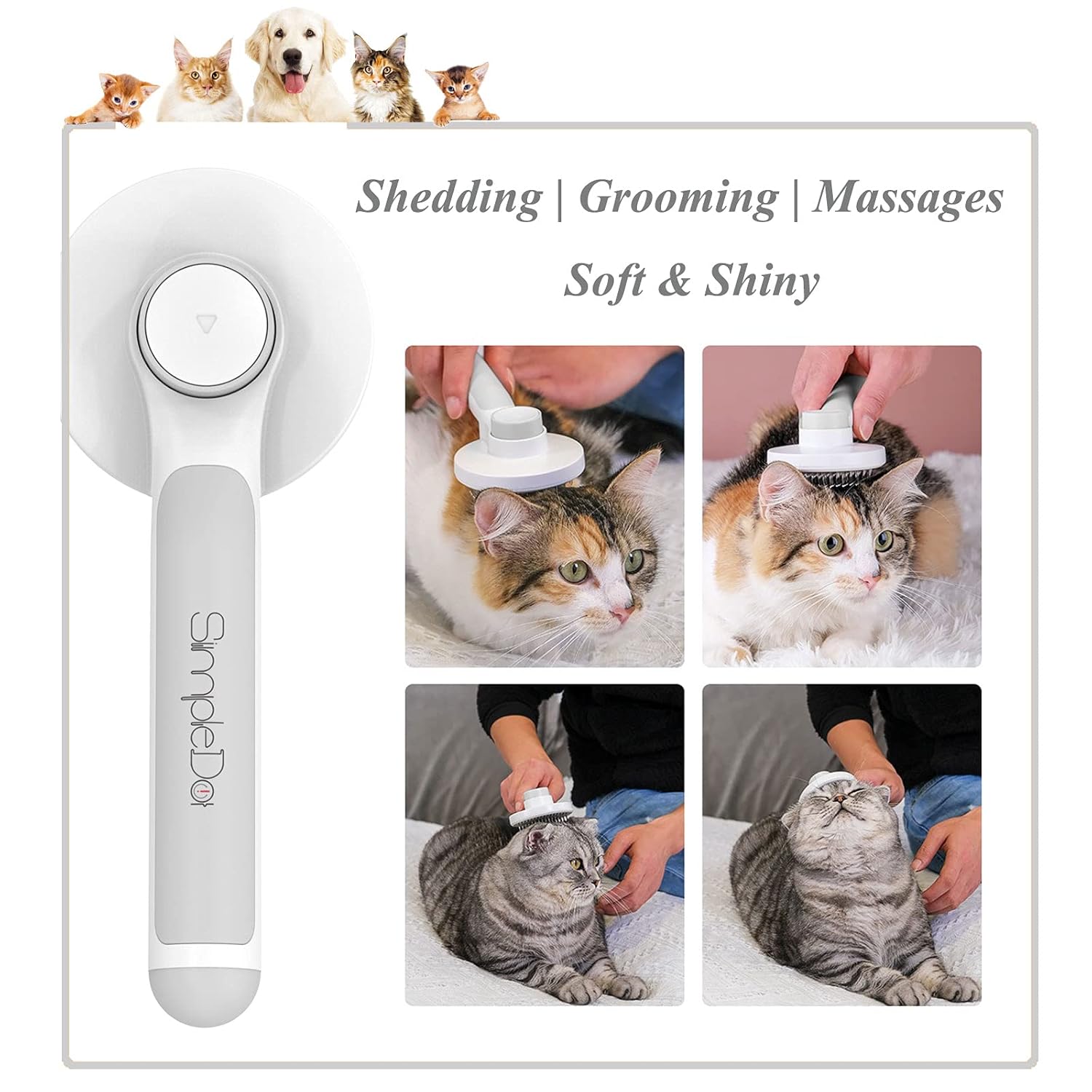 SimpleDot Self Cleaning Slicker Brush for Dogs and Cats, Pet Grooming Brush, Pet hair brush for Removes Undercoat Loose hair, Mats, Tangled and Dirt, Massages, for all hair types Dogs and Cats (Gray): Beauty