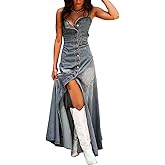 SOMTHRON Women's Spaghetti Strap Button Down Denim Dress Smocked A-Line Washed Bodycon Maxi Jean Dress