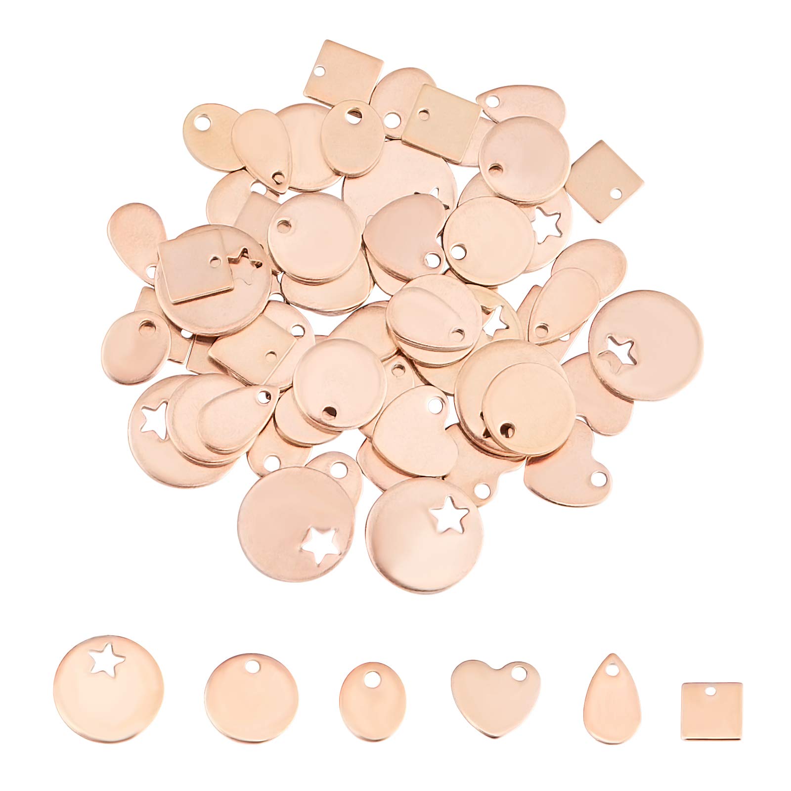 UNICRAFTALE 60pcs 6 Styles Rose Gold Blank Stamping Tags Stainless Steel Pendants Flat Round & Heart & Square & Oval & Teardrop Charms for Bracelet Necklace Jewelry Making