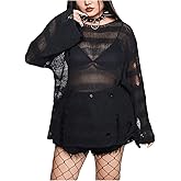 SHENHE Women's Plus Size Ripped See Through Bell Sleeve Sexy Grunge Distressed Sweater Pullover