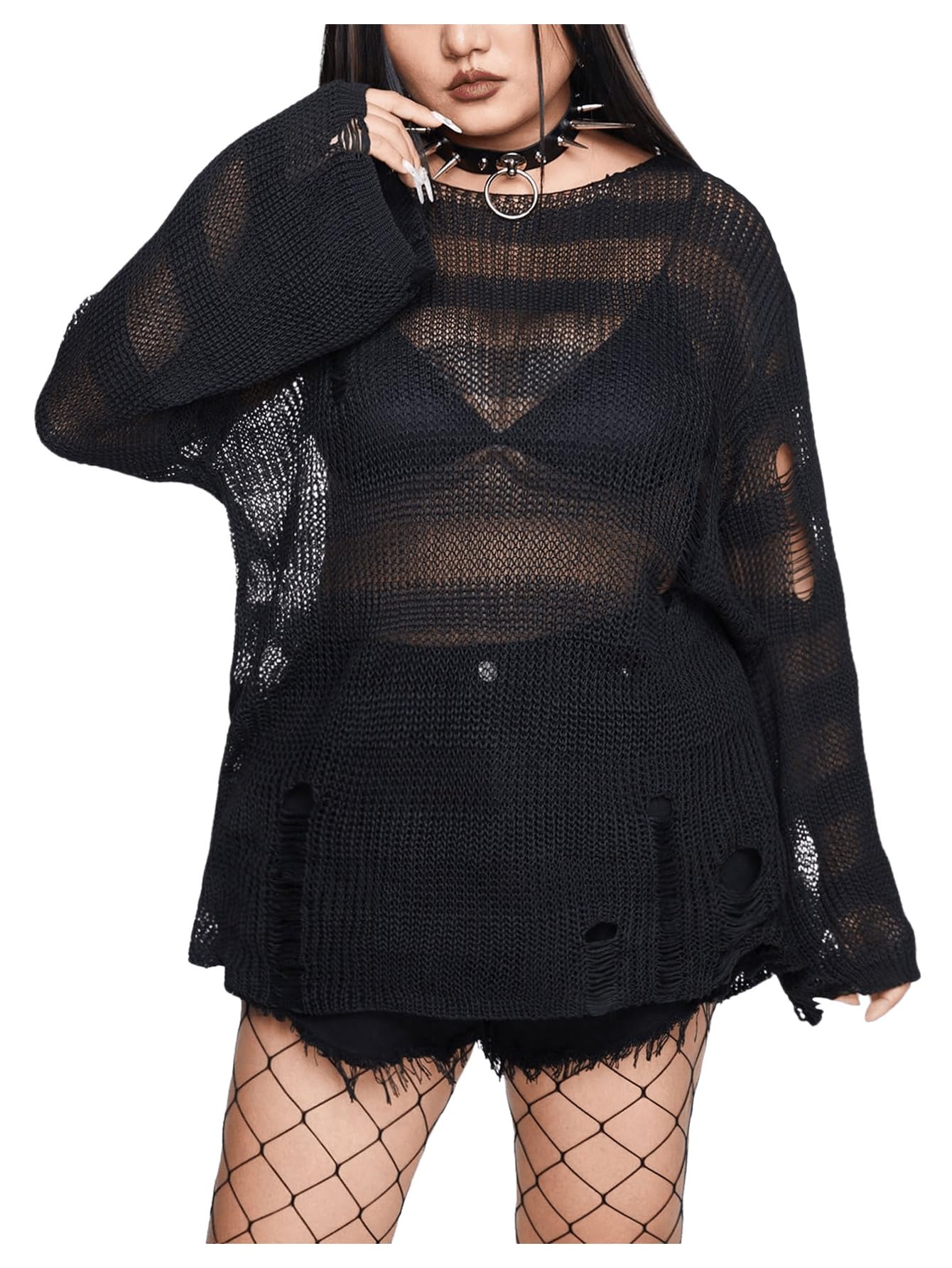 SHENHE Women's Plus Size Ripped See Through Bell Sleeve Sexy Grunge ...