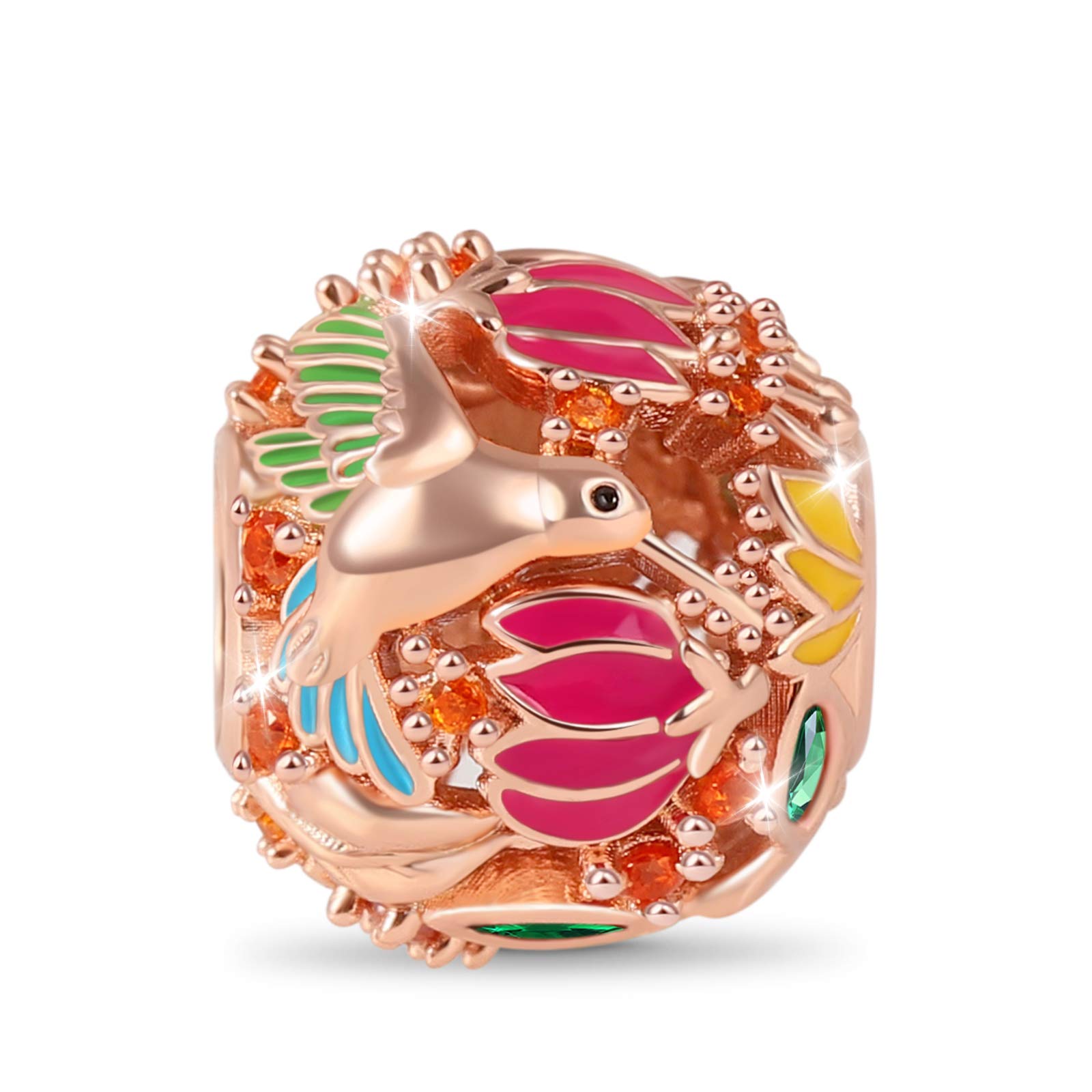 GNOCE Hummingbird Charm Bead Sterling Silver 18k Rose Gold Plated Hollow Charm For Bracelet/Necklace Women Girls