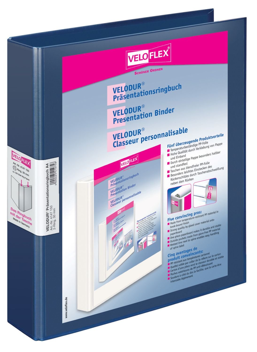 Veloflex 4147150 Ring Binder Velodur, DIN A4, Dark Blue