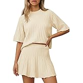 Saodimallsu Womens Sweater Sets 2 Piece Outfits Summer Half Sleeve Ribbed Knit Top and Pleated Skirt Set Lounge Set