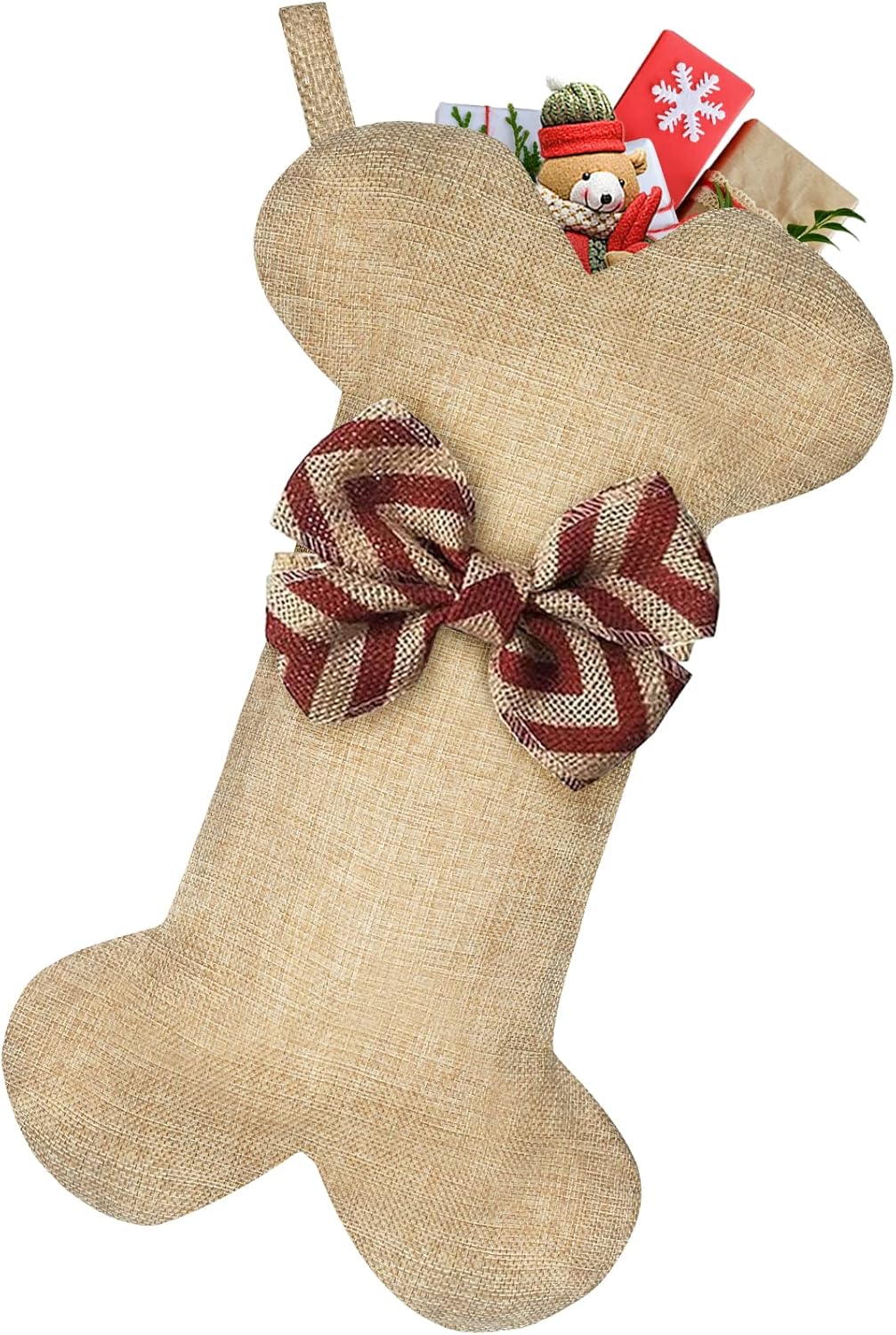 Stockings & Holders - Malier New Linen Large Christmas Stocking for Dogs Cats Pets Jute Natural Burlap Dog Bone Shape Hanging Dog Christmas Stocking