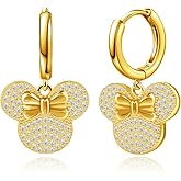 S925 Sterling Silver plated Gold Mouse Bow Earrings Cute Dangle Hoop Earrings Hypoallergenic Cubic Zirconia Bow Knot Dangling Earring Cartilage Animal Jewelry for Women Daughter Sister Birthday Party