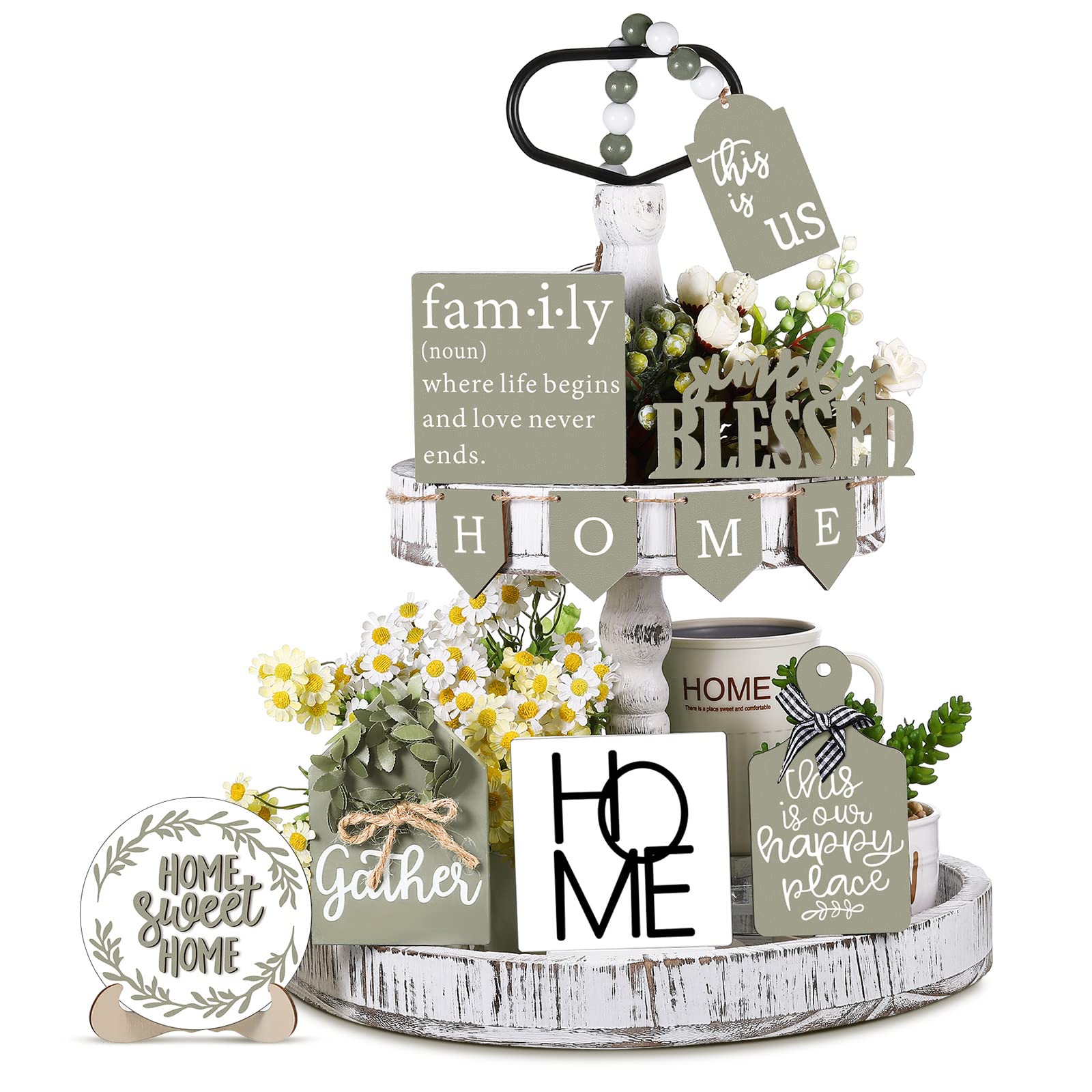 Photo 1 of FairySandy Set of 11 Summer Farmhouse Tiered Tray Decor Rustic Home Tiered Tray Decorations Set Home Wooden Signs This is Us Farmhouse Tabletop Wood Signs for Kitchen Table Decor