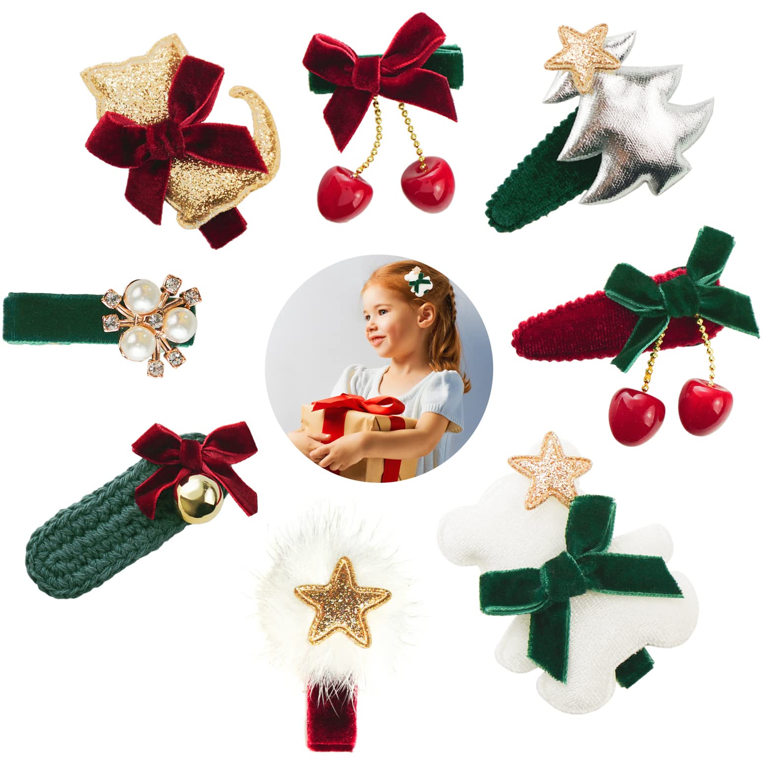 Cute Hair Clips for Girls Baby, Ribbon Bow Clips 8 Pcs Christmas Hair Clips Kit Hair Barrettes Cute Holiday Hair Accessories for Girls Women Kids Toddlers Birthday Gifts