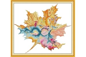 Maydear Cross Stitch Kits Stamped Full Range of Embroidery Starter Kits for Beginners DIY 11CT 3 Strands - City in Maple Leaf 18.5×16.5(inch)