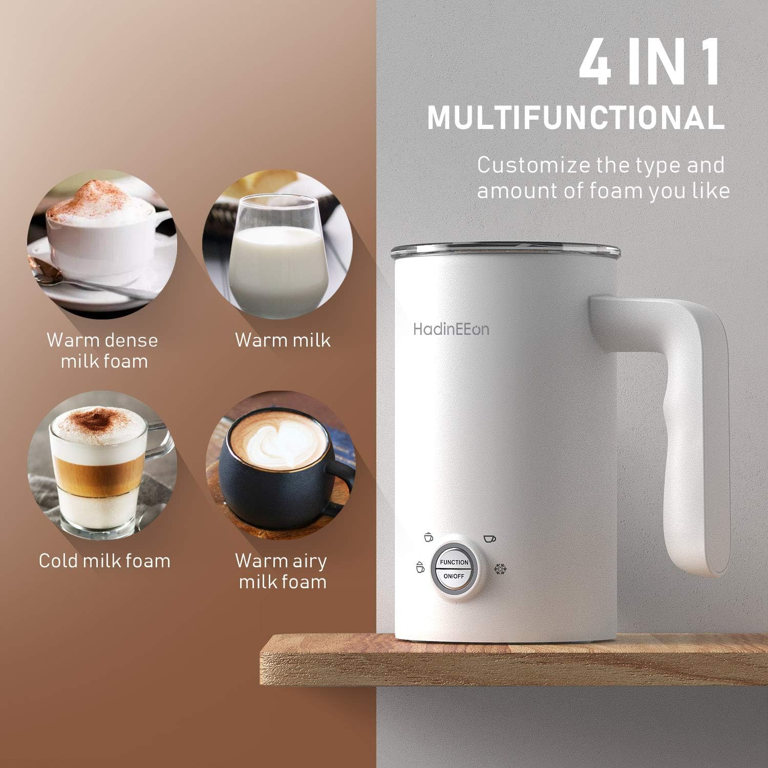 HadinEEon Milk Frother, 4 in 1 Electric Milk Frother and Steamer, Automatic Milk Foam Maker & Warmer (5.1 oz/10.1 oz), Coffee Frother Milk Heater for Making Latte, Cappuccino, 120V: Kitchen & Dining